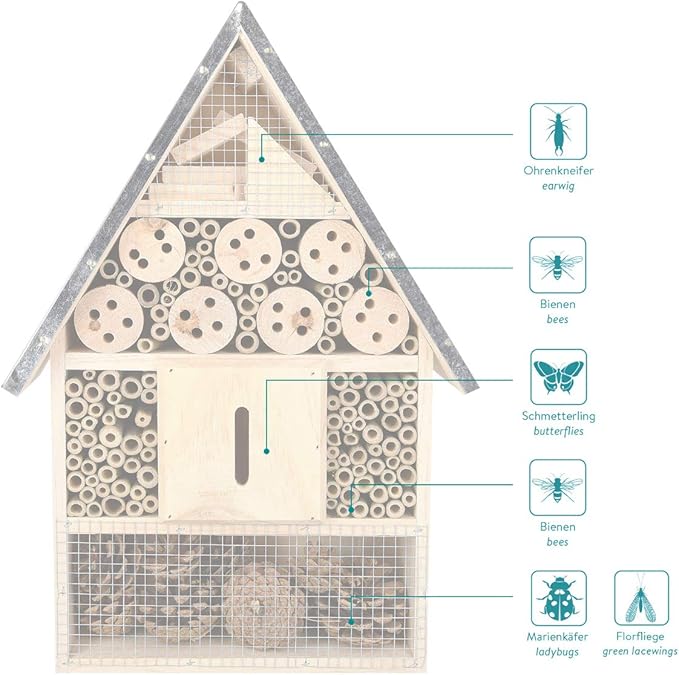 Navaris XL Wooden Insect Hotel - 9 x 16 x 3 Inches - Natural Wood Insect Home Bamboo Nesting Habitat - Garden Shelter for Bees, Butterflies, Ladybugs