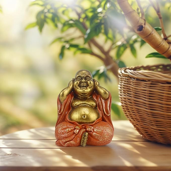 Laughing Buddha Statue - Gold Small Buddha Statues with Three Color Clothes for Home Decor (No See, No Speak, No Hear) - House Decor, Meditation & Feng Shui Gift (5.5 * 4.7 * 6.7") (Orange)