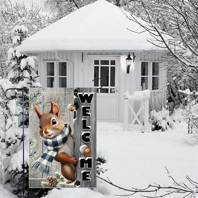 Welcome Garden Flag 12x18inch The Nut Squirrel Winter Garden Flags Yard Porch House Flag Double-Side For Home Outdoor Yard Patio Lawn Decor,Christmas Garden Decorations (RMQ-42, 12"X18")