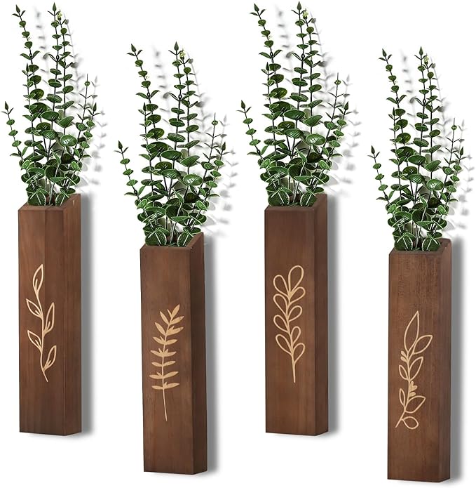 Wooden Wall Planter Set of 4 - Modern Home Decor for Living Room, Bedroom, Bathroom - Dark Brown Finish Planter for Dried Flowers, Faux Greenery, Indoor Plants