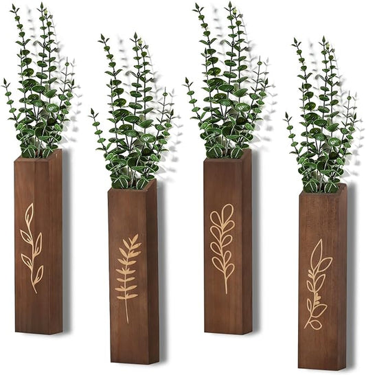 Wooden Wall Planter Set of 4 - Modern Home Decor for Living Room, Bedroom, Bathroom - Dark Brown Finish Planter for Dried Flowers, Faux Greenery, Indoor Plants