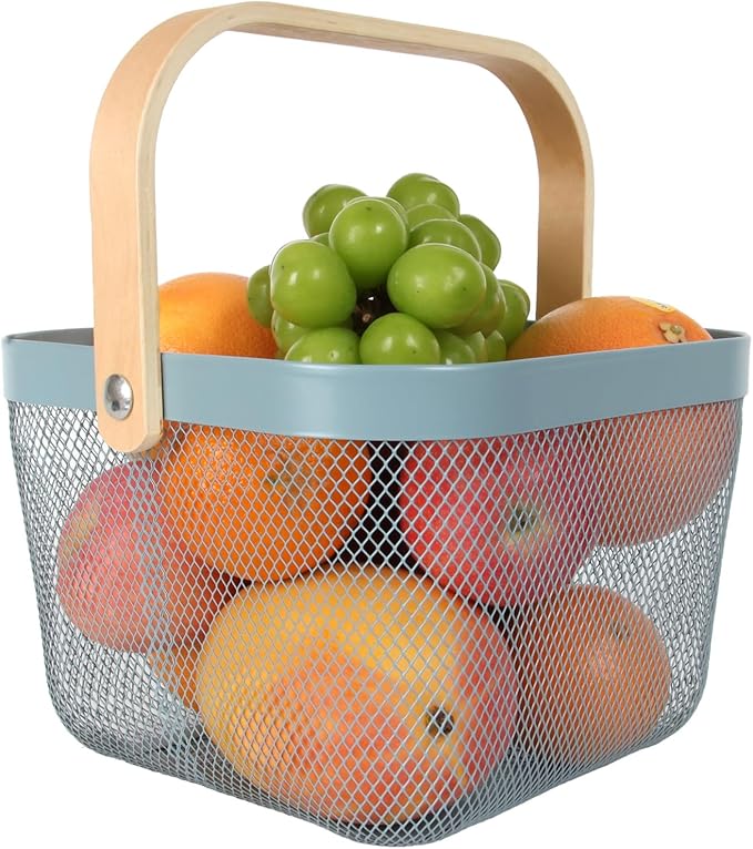 Mesh Steel Garden Harvest Basket with Wood Handle,Hanging Kitchen Baskets Outdoor Basket,Harvest Basket for Garden Vegetables,For Shopping Kitchen Bathroom Home(Blue)