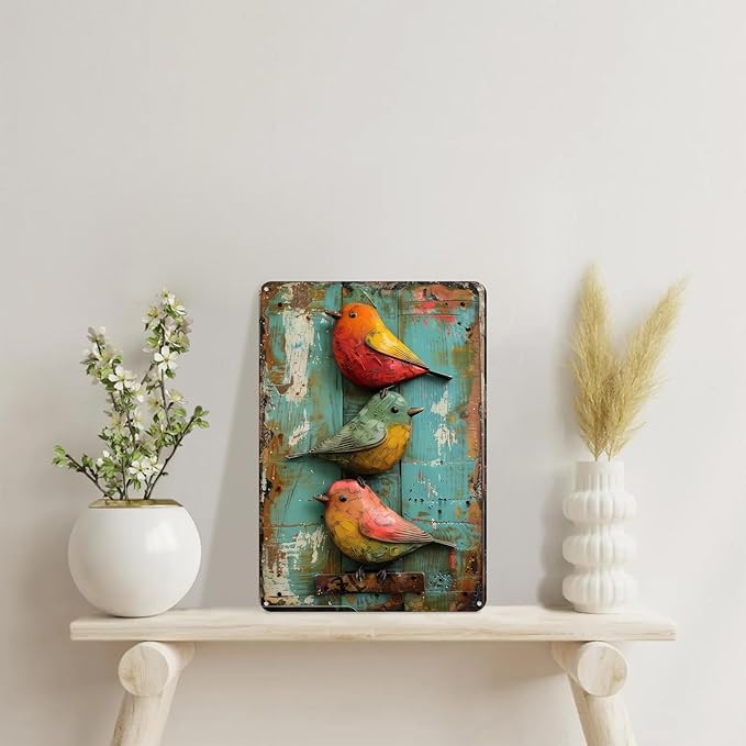 Vintage Cute Birds Metal Sign Retro Bird Tin Plate Wall Decor Rustic Tin Painting for Home Bedrooms Yard Bars Pubs Gardens Patios Porches 8x12 Inch