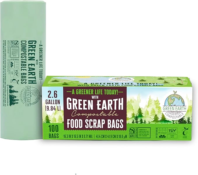 Green Earth Compostable Small Kitchen Food Scrap Trash Bags, Extra Thick 0.71 Mil, Compost Bin Compatible, 2.6 Gallon, 10 Liter, 100-Count, ASTM D6400, BPI (US) & OK Compost Home (EU) Certified