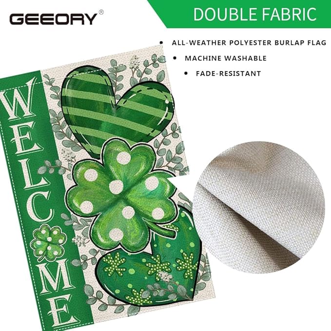 GEEORY St Patricks Day House Flag 28 x 40 Inch, Shamrocks Eucalyptus Hearts Welcome Double Sided Decorative Flag for Outside Yard Lawn Decoration GB009-40