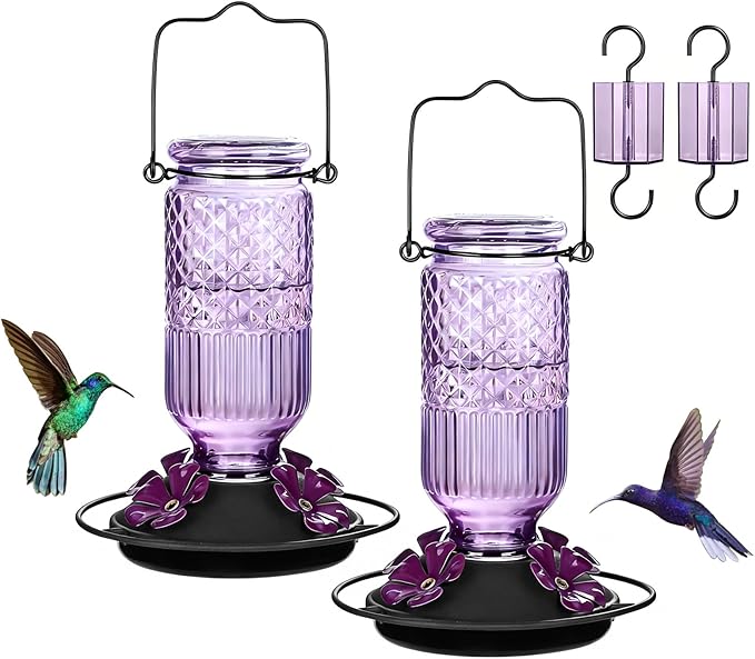FEED GARDEN Glass Hummingbird Feeder for Outdoors Hanging, 16 OZ Humming Bird Feeders with 4 Bee Guard Feeding Ports&Built-in Ant Moat, Hummingbird Gifts for Mom Bird Feeder for Outside, Purple,2 Pack