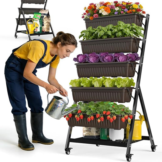 5-Tier Vertical Garden Bed Planter Boxes with Wheels, Drainage System & Storage Space, Mobile Vertical Garden Planter with 5 S-Hooks for Plants Vegetables Flowers Herbs in Garden Patio Yard