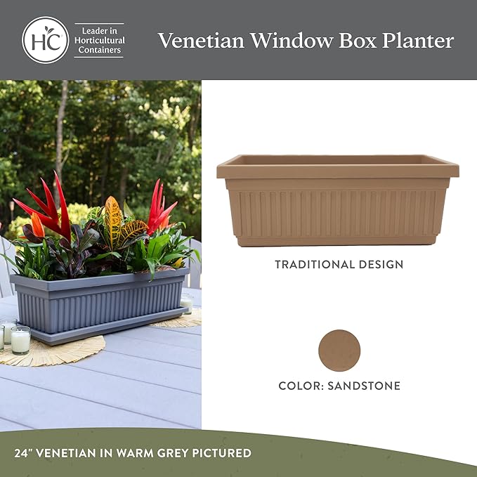 The HC Companies 30 Inch Venetian Window Planter Box with Drainage Plug, Lightweight UV-Resistant Plastic Indoor & Outdoor Planters, 2-Pack Flower Box for Garden & Home Decor, Sandstone