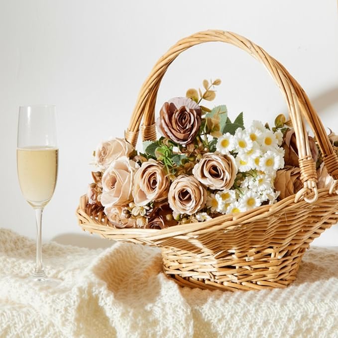 Marsui 2 Pcs Wicker Rattan Basket with Double Drop Down Handles, Christmas Wicker Woven Flower Gift Basket Storage Harvest Hamper for Garden Vegetables, Picnic, Home Decor Organizing, 15 & 13 Inch