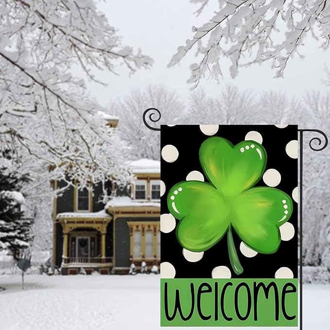 Welcome St Patricks Day Shamrock Garden Flags 12x18 - Polka Dot Yard Flags Double Sided- Small Flag Banner for Holiday Yard Outside