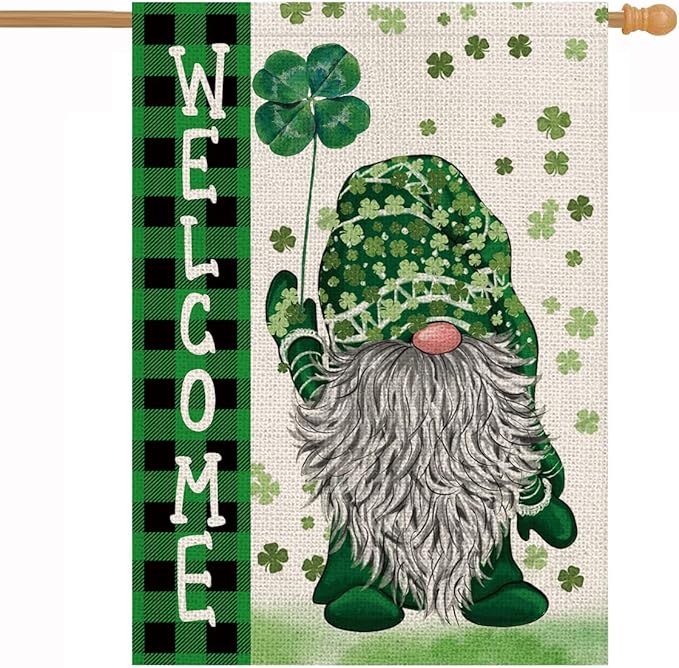 St Patricks Day House Flag Green Gnome Shamrocks Vertical Double Sided Burlap Flag Welcome St.Patrick's Day Holiday Yard Outdoor Decor 28 x 40 Inch