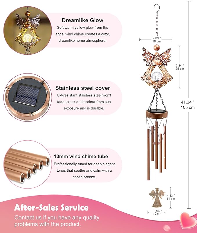Solar Angel Wind Chimes for Outside: Melodious Mother's Day Birthday Gifts for Mom Women Grandma Her Wife - Weatherproof Metal Outdoor Decor Easy Hanging for Garden Patio Tree Window Memorial