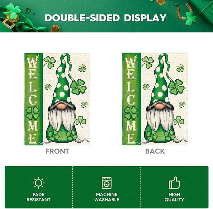 AVOIN colorlife Welcome St Patricks Day Garden Flag 12x18 Inch Double Sided, Leprechaun Gnome Shamrock Lucky Clover Holiday Yard Outdoor Flag