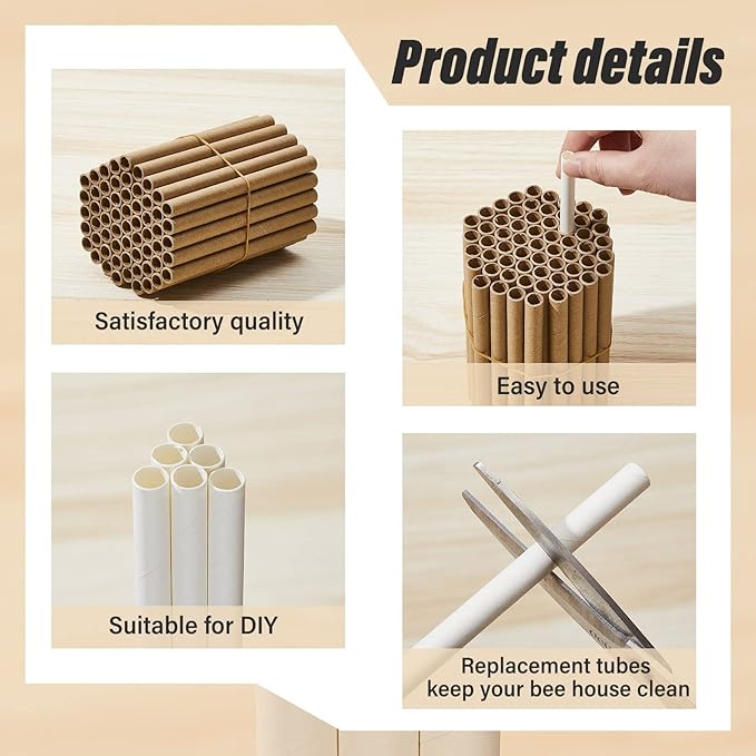 Lewtemi 120 Pcs Mason Bee House Tube Refill Cardboard Bee Tube Paper Mason Beekeeper Cardboard Insert Beekeeping Supplies for Solitary Beehive House Garden Pollinator Nest