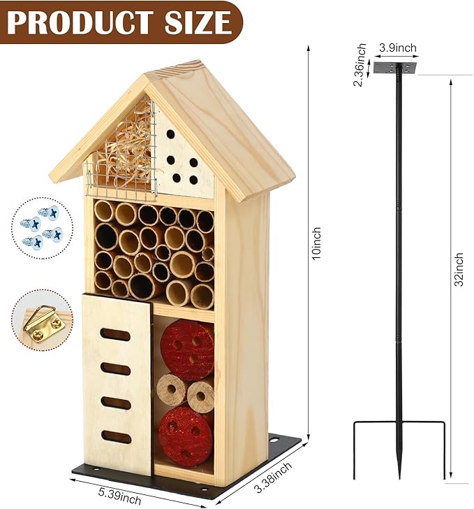 Novabright Wooden Insect House with Metal Stake Insect Hotel Bee House Natural Bug Habitat for Bee Butterfly Ladybirds Beneficial Bug Outdoor Garden Backyard