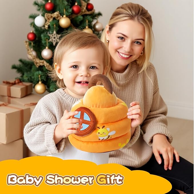 Koty Baby Toys 6-12 Months,Bee House Sensory Learning Toy, Beehive wtih wtih rattles, Squeaker, Mirror,5pcs Yellow Plush Bees, Educational Montessori Toy for Infants 6-12 Months
