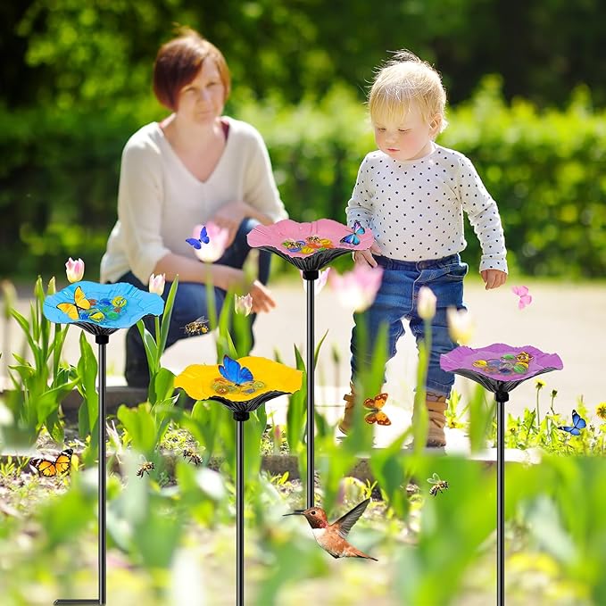 4 Pack Bee Watering Station for Garden, Metal Bee Butterfly Feeder with 40Pcs Glass Marbles, Colorful Butterfly Bee Bath Water Bowl with Flower Design for Outdoor Yard Patio Decor