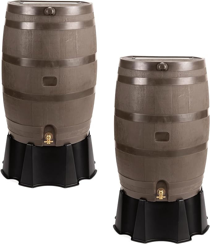 RTS Home Accents 50-Gallon Rain Barrel, Flat Back Rain Water Collection Barrel, Stand and Link Kit Included, Walnut Color (2 Pack)