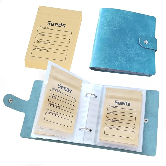 Seed Organizer Binder with 50 PCS Resealable Seed Envelopes - 50 Storage Pockets, 3.5x5 Inch Clear Sleeves, Seed Saver for Garden Lover - Cyan