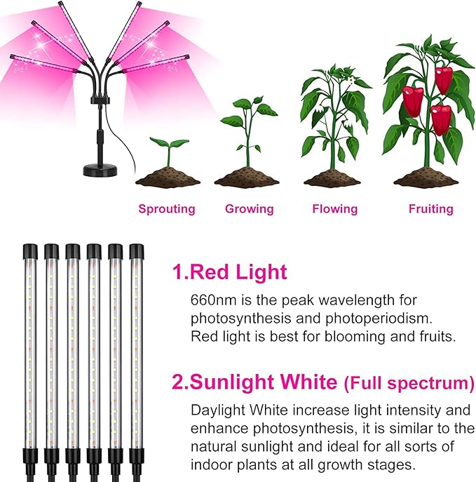 Grow Lights for Indoor Plants, Six Head Plant Light with Full Spectrum, LED Grow Lamps for Seed Starting with Adjustable Gooseneck, Suitable for Flowers Vegetables