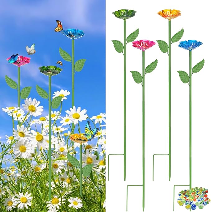 Bee Watering Station for Garden – 4 Pack Metal Flower Bee Bath with Decorative Bee, Butterfly Watering Station Cups with Glass Marbles – Butterfly Feeder for Outdoor Yard, Pollinator Water Feeder