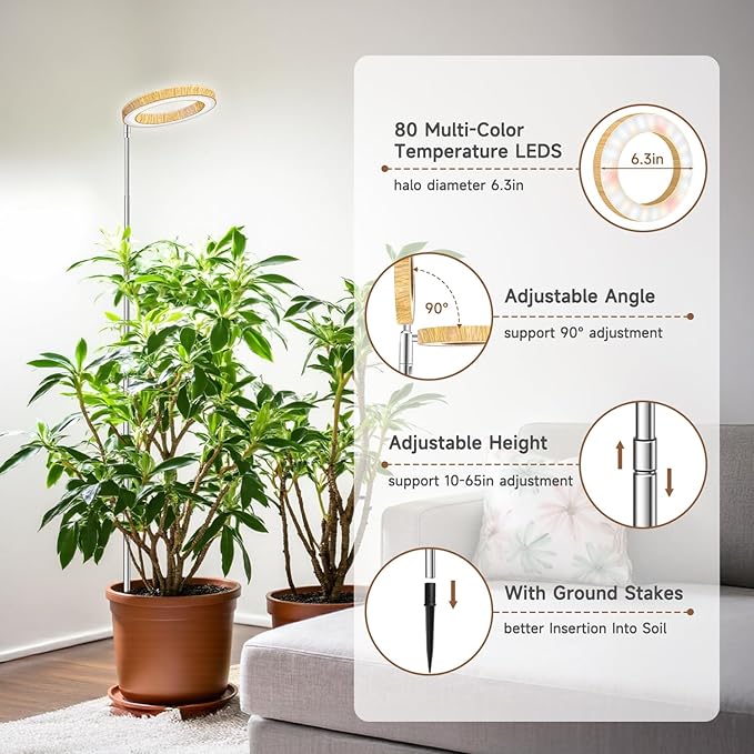 Grow Lights for Indoor Plants, Full Spectrum Plant Lights for Indoor Growing with 6/12/16H Timer, 3 Optional Spectrums, 5 Brightness, Height Adjustable 10"-65" Wood Grain Growing Lamp