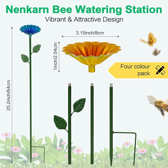 4 Pack Metal Bee Watering Station for Garden, Flower-Shaped Bee Cups, Durable Pollinator Hydration Bath & Butterfly Feeders for Outdoors Yard Decor (Red, Green, Blue, Yellow)