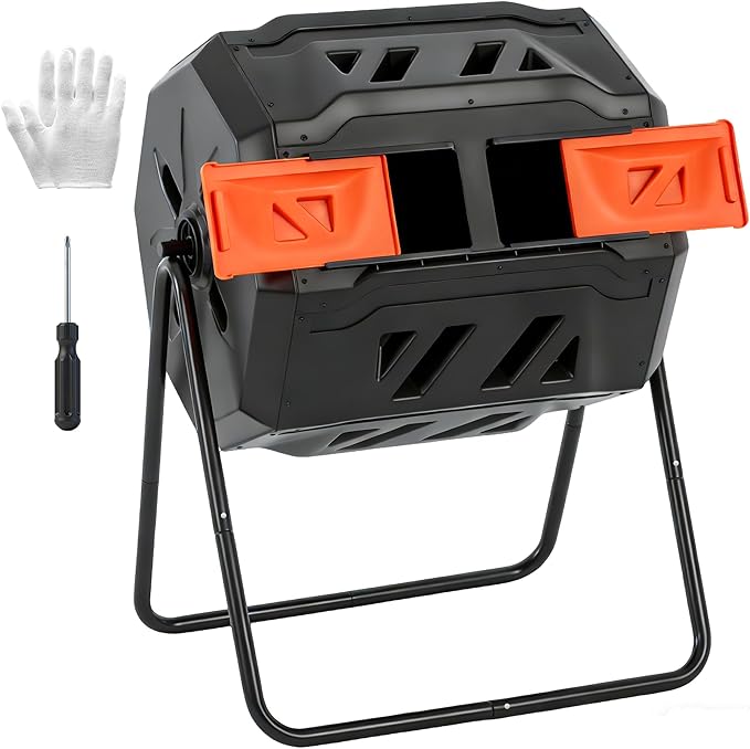 OLIXIS Compost Bin Outdoor 43 Gallon, Dual Chamber Composter Tumbler Outdoor with Gloves, Efficient 360°Rotating Composting Bin for Patio, Lawn, Home Gardening and Landscape, Orange