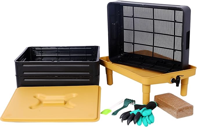 3-Layer Worm Bin with Worm Farm Kit, 65L Worm Composter Indoor & Outdoor with A Tap for Recycling Food Waste, Worm Castings, Easy Setup (Yellow+Black, 3-Layer)