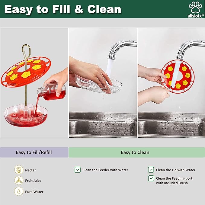 Hummingbird Feeders for Outdoors Hanging (2 Pack) - 8 Ports 16 oz Nectar Capacity, Ant Wasp Bee Proof, Leak-Proof with Sealing Ring, Reinforced Hanging Hook, Easy to Clean by Includes Cleaning Brushes