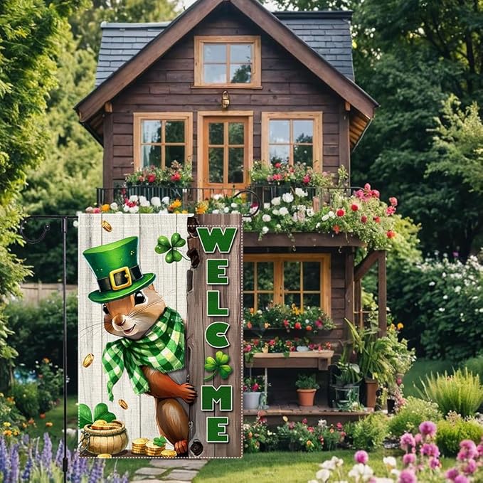 Spring St Patricks Day Garden Flag 12x18inch Double Sided Burlap The Squirrel Lucky Shamrock Garden Flags Happy St. Patrick's Day For Outdoor Yard Patio Lawn Decor,Green Hat with Clovers Gold Coin Pot Welcome Outside Decorations Banner