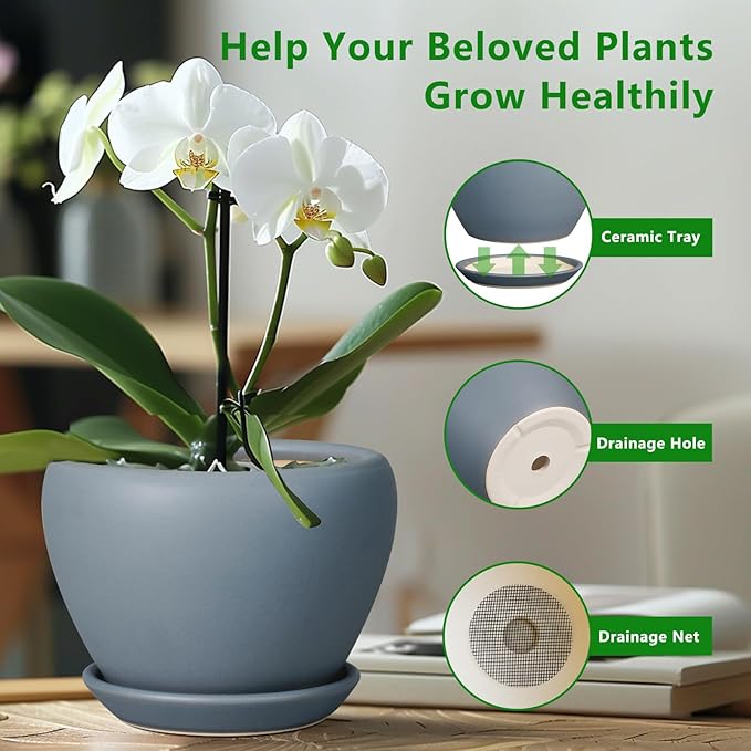 Ceramic Pot for Plants - 6 Inch Plant Pot Indoor with Drainage Hole and Saucer Decorative Planter for Outdoor Plants Modern Succulent Pots Round Flower Pots Gray