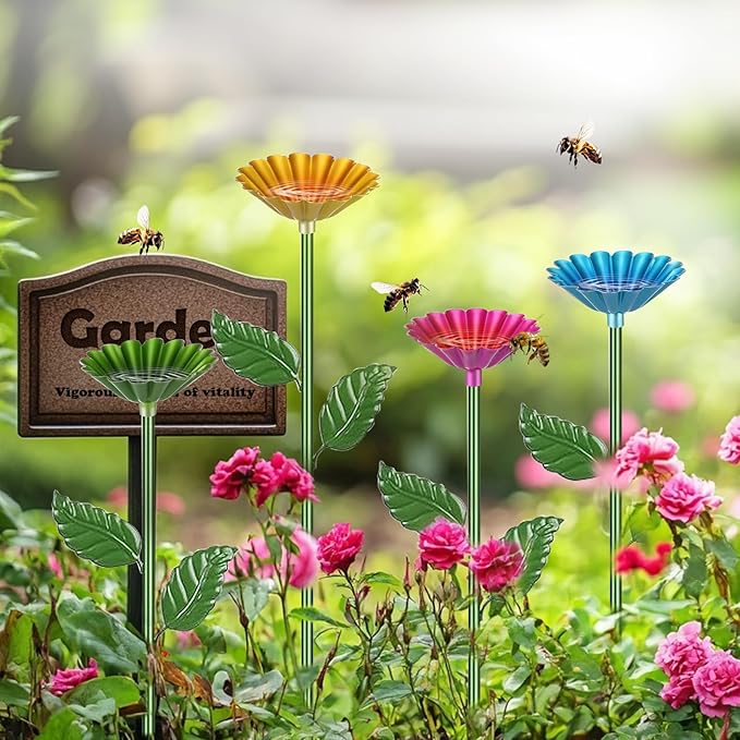 2 Pack Bee Watering Station,Colorful Metal Insect Bath Feeder for Garden, Butterfly Feeder and Bird Drinking with Flower Design, Outdoor Yard Decor (Yellow, Green)