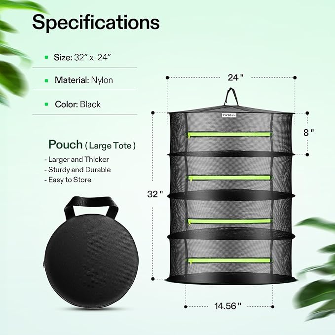 VIVOSUN 4-Pack 4-Layer Mesh Drying Rack Hanging Design with Green Zippers for Dehydrating, Indoor and Outdoor (Pruning Shears Included)