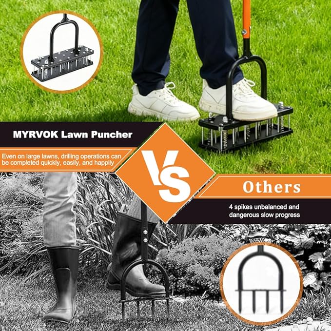 Lawn Aerator Tool – Grass & Yard Aerator, 4 Adjustable Height Settings, Metal Construction with Ergonomic Handle and Spring-Assisted Design for Effortless Yard Care.