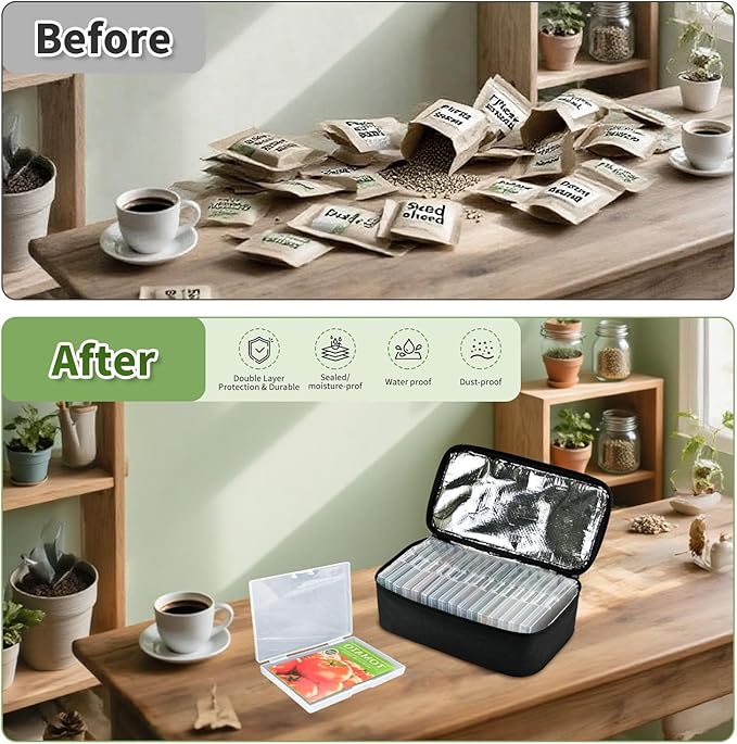 Boczif 16 Slot Seed storage Organizer Box with Insulated Bag, Envelopes Bag and Label Stickers, Garden Seed Container for Packets, Plant, Flower, Vegetable