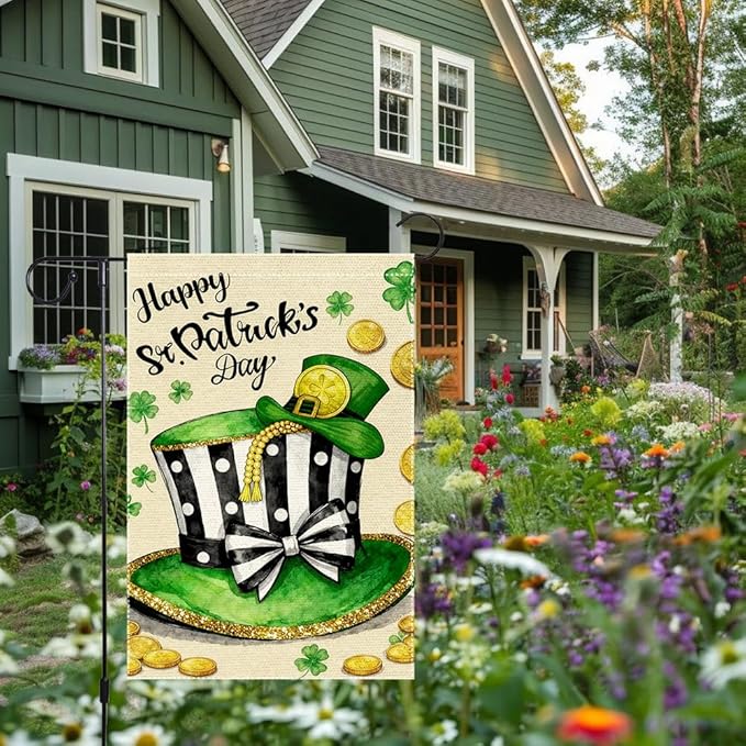Happy St Patrick's Day Garden Flag 12x18 Inch Double Sided Burlap St Patrick's Day Leprechaun Hat Gold Coins Shamrocks Outdoor Decorations