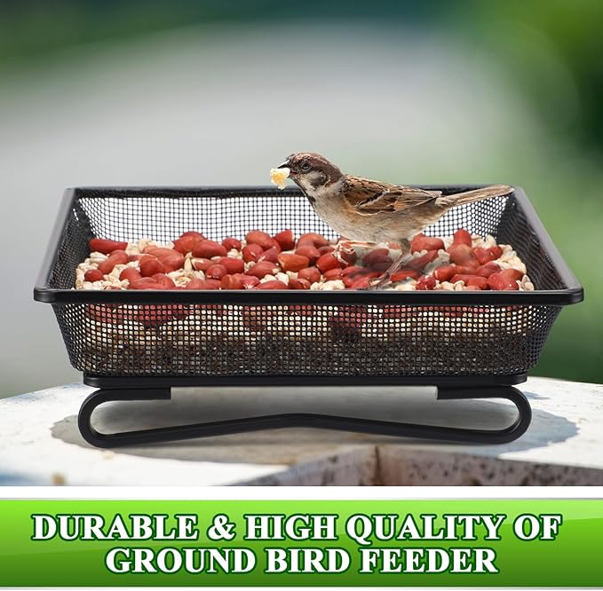 Nuogo 4 Pcs Ground Bird Feeder Tray 7 Inches Platform Bird Feeder for Outside Metal Squirrel Feeders Rust Resistant Mesh Seed Tray Garden Yard Decoration for Outdoor Wild Dove(Square)