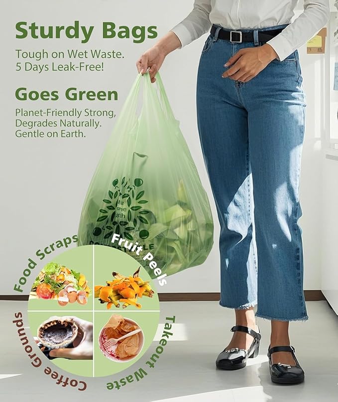 6-8 Gallon kitchen Trash Bags With Handle Tie 60 Packs, AYOTEE Medium TrashBags 8 Gallon Compost Bag 30L For Kitchen Trash Cans, Certified By ASTM D 6866 Unscented Bag for Compost Bin Green