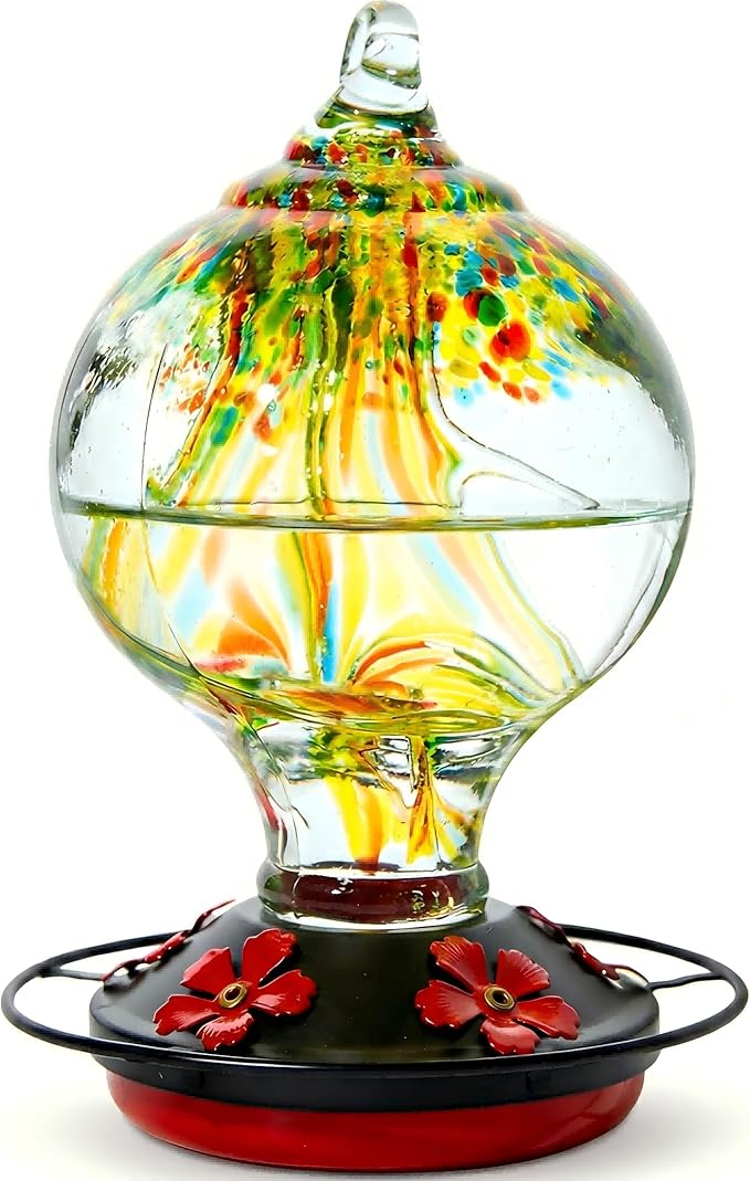Hummingbird Feeder for Outdoors Hanging, 34 Oz, Handcrafted Gift Inner Glass Décor for Bird Garden Lover, Ant Moat & Bee-Resistant Ports, Hook & Brush Included, Golden Meadow