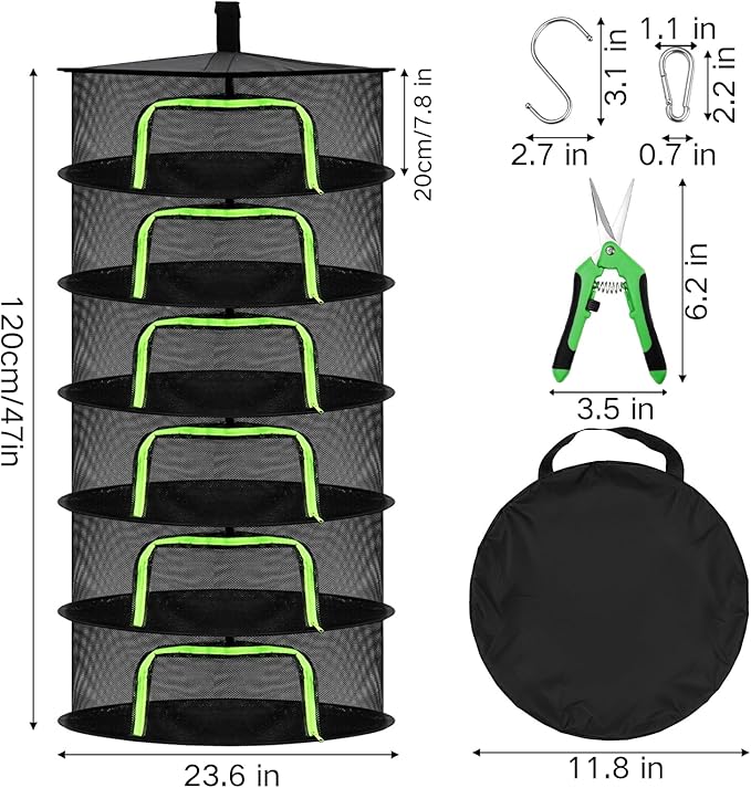 Coloch 6 Layer Herb Drying Rack with Zipper, Foldable Food Drying Net Collapsible Hanging Seed Drying Mesh with Garden Shear, Hook, Bag, for Plant, Seed, Bud, Fruit, Food, 23.6”x47”