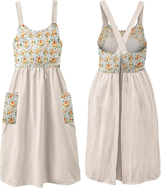 Uaussi Cotton Linen Apron Cross Back Work Apron for Women with Pockets Pinafore Dress X Cross Halter Apron for Chef Gardening