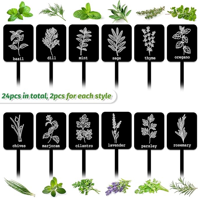 Whaline 24Pcs Acrylic Plant Label Signs 12 Styles Garden Herb Markers Plant Stake Tags Black Waterproof Tags with Herb Names for Nursery Indoor Outdoor Garden Decoration