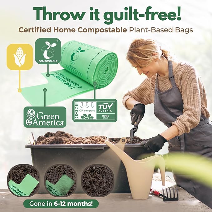 Compostable Kitchen Trash Bags 13 Gal - Cornstrarch Leakproof & Tear Resistant 100 Compost Bags - OK Compost Home & Seedling Certified 0.25 mm Kitchen Garbage Bags