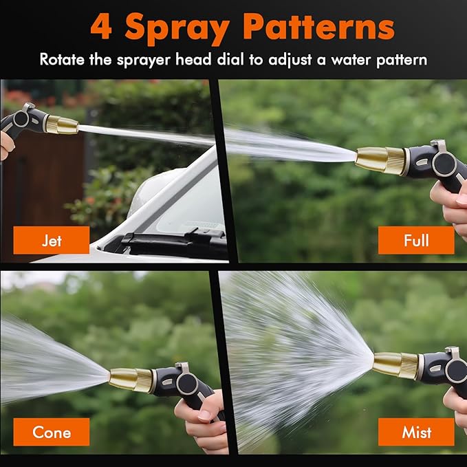 RESTMO High Pressure Hose Nozzle Sprayer, Heavy Duty Brass Head, Metal Water Hose Nozzle for Car Washing, Garden Cleaning, Lawn and Plant Watering, Adjustable Thumb Flow Control, 4 Spray Patterns