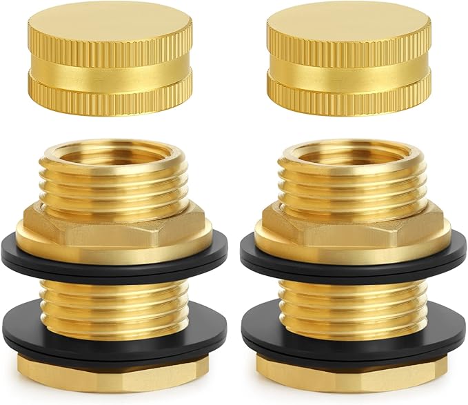 Brass Male Garden Hose Bulkhead Fitting With Plug, 1/2" Female NPT, 3/4" Male GHT (garden Hose Thread), Brass Tank Connector/drain/flush Port Kit For Rain Barrels, Aquariums, Sinks，2 Pack