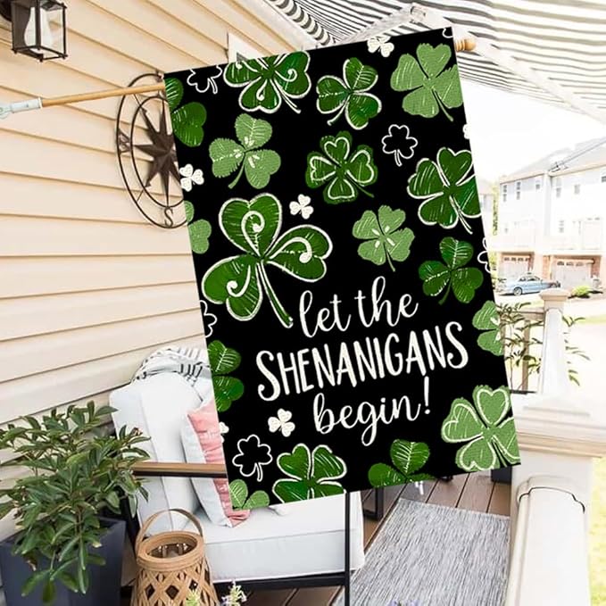 St Patricks Day House Flag 28x40 Inch Double Sided Outside, Let the Shenanigans Begin Shamrock Outdoor Large Garden Yard Flag Green Lucky Clover Holiday Decoration