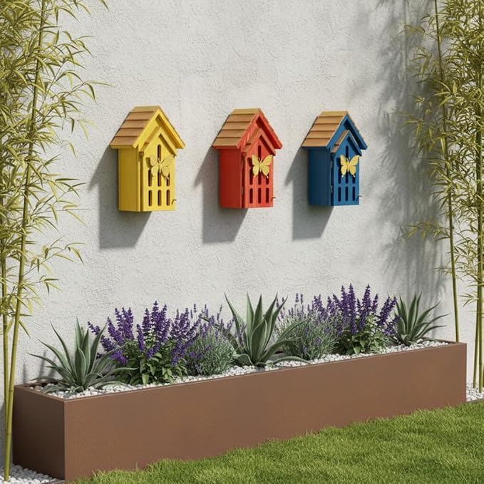 Shingle Roof Butterfly House for Outdoor, Insect House, Vintage Style Cedar Wood Bee House for Garden Outside, Open Door for Easy Cleaning Conservation.Shelter Hotel with Hooks for Hanging (Yellow)