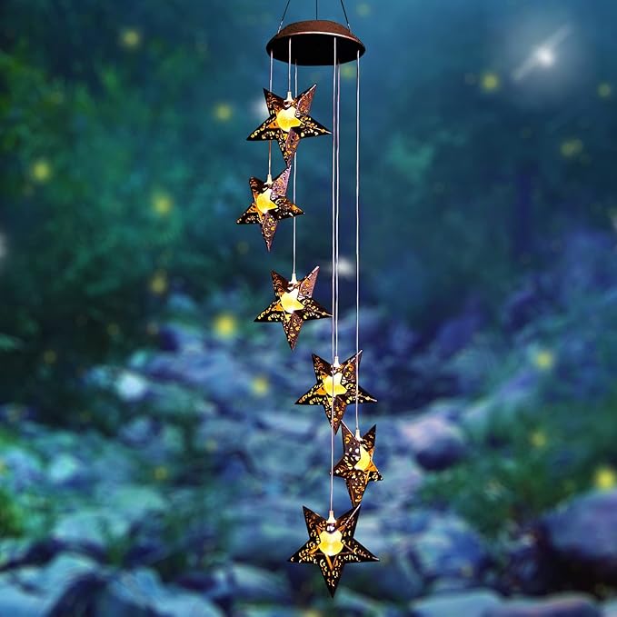 Tryme Solar Wind Chimes Star Wind Chime Warm LED Hanging Solar Lights Unique Garden Decor Memorial Thanksgiving Gifts for Mom Grandma Sister Home Party