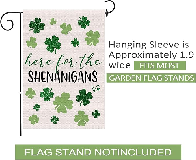 St Patricks Day Garden Flag 12x18 Inch Double Sided Outside, Here For The Shenanigans Shamrocks Clovers Burlap Flag Decorations Outdoor Yard Decor